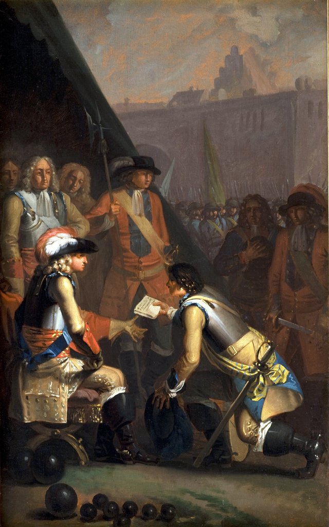 Magnus Stenbock overgiver fæstningen Tønningen til Frederik IV i 1714 by Nicolai Abildgaard