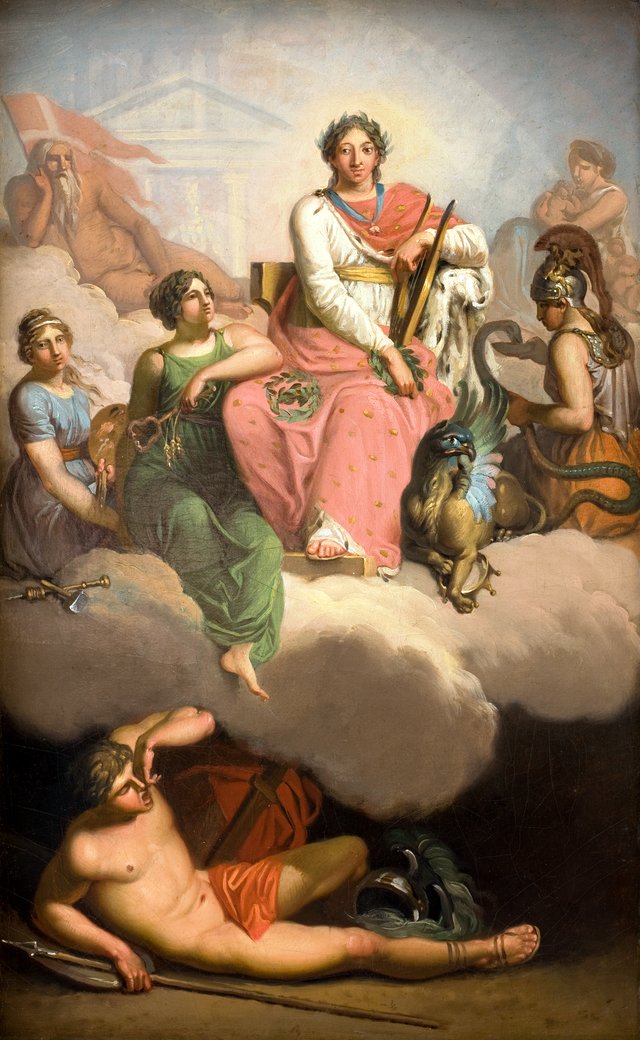 Frederik V som videnskabens og kunsternes beskytter. Allegori by Nicolai Abildgaard