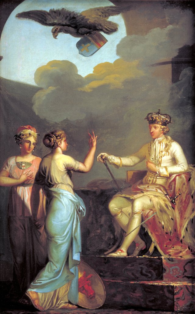 Christian VII forener den hertugelige med den kongelige del af Holsten i 1773 by Nicolai Abildgaard