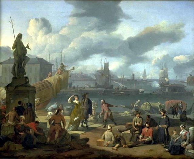Sydlandsk havn mellem klipper by Johannes Lingelbach