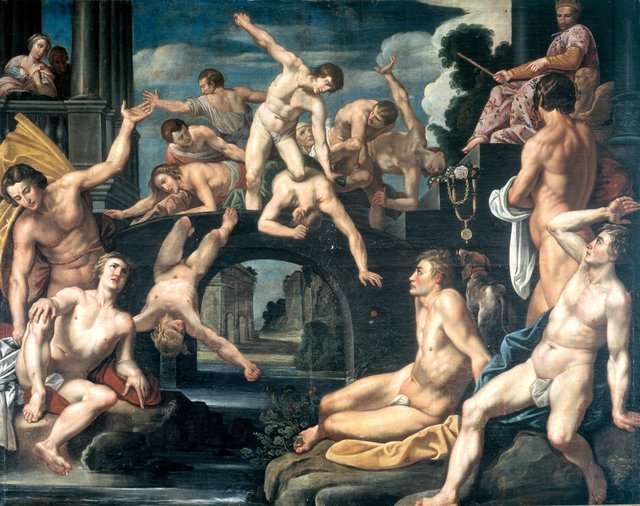 Unge mænd brydes på en bro. Allegori by Reinhold Timm