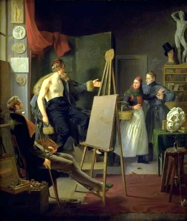 En amagerpige som vil sælge frugt i en malers atelier by Albert Küchler