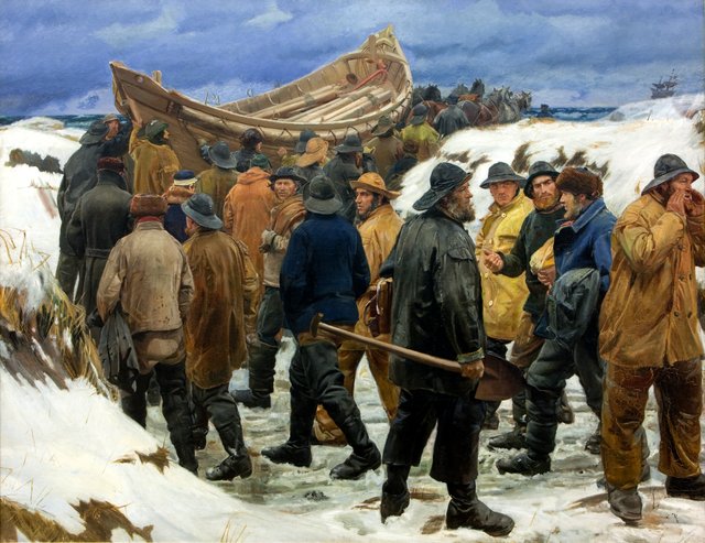 Redningsbåden køres gennem klitterne by Michael Ancher