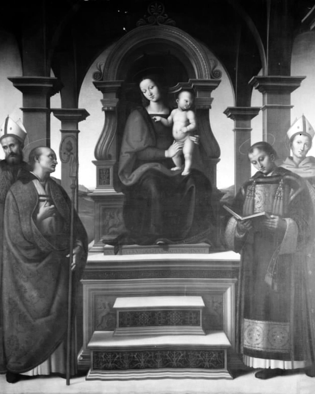 Madonna med barnet omgivet af fire helgener by Albert Küchler