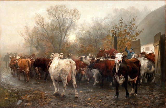 Køerne drives ud af stalden by Otto Bache