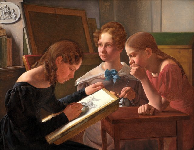Tre unge piger. Kunstnerens søstre Alvilde, Ida, Henriette by Constantin Hansen