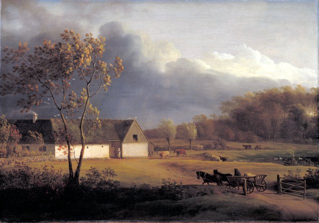 En sjællandsk bondegård under et optrækkende uvejr. Eigaard ved Ordrup by Jens Juel