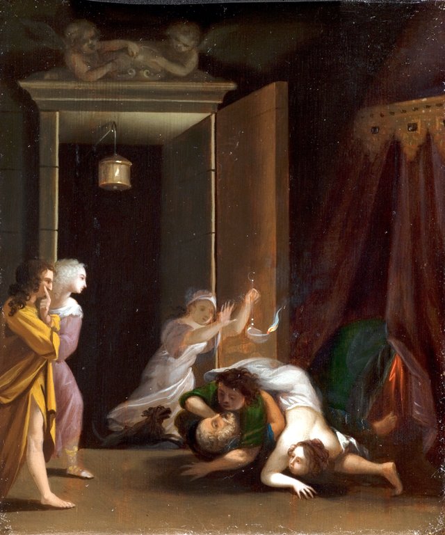 Paris hos Helena overraskes af Menelaos by Toussaint Gelton