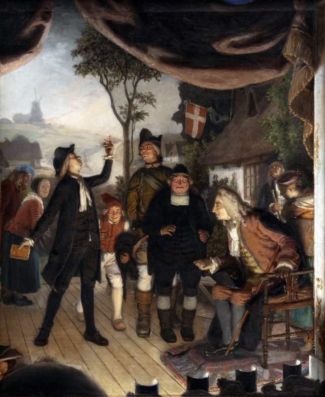 Holberg overværer en prøveforestilling af Erasmus Montanus, IV akt, 2. scene: "Ergo er I en Hane" by Lorenz Frølich