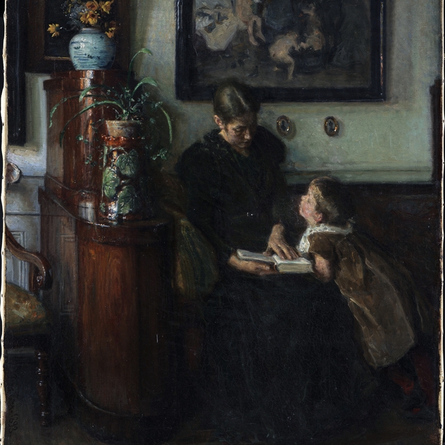 Moder skal læse. Kunstnerens hustru og barn by Viggo Johansen
