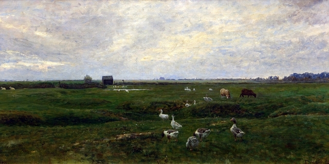 Gæs og får på bymarken. Dragør by Viggo Johansen