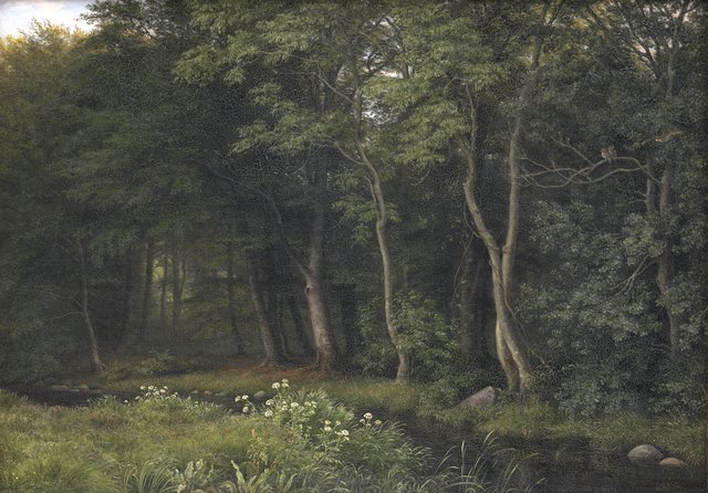 Begyndende aftenskumring i en skov. Motiv fra Iselingen by P. C. Skovgaard
