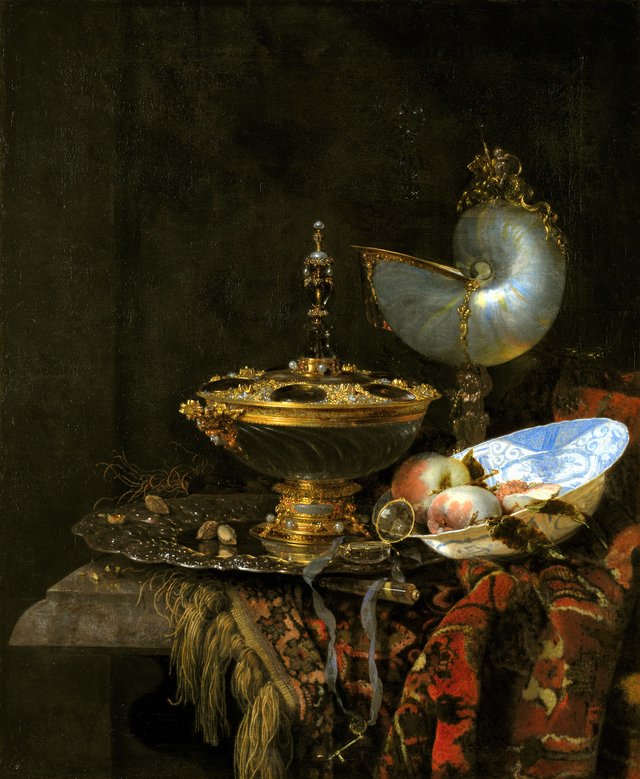 Pragtstilleben med Holbeinskål, Nautilus- og glaspokal og frugtskål by Willem Kalf