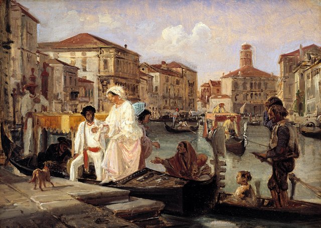 Landstigning i Venedig. En tiggergondol har på Canal Grande fulgt en herskabsgondol by Wilhelm Marstrand