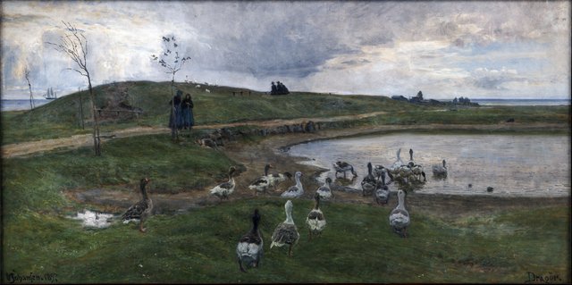 Gæs ved en sø. Mod uroligt vejr. Dragør by Viggo Johansen