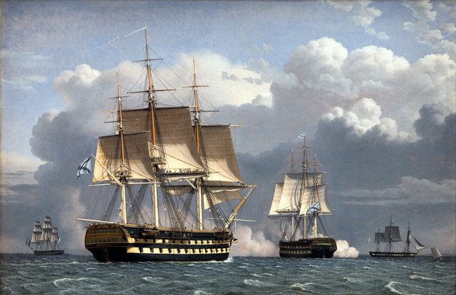 To russiske linjeskibe som saluterer by Christoffer Wilhelm Eckersberg
