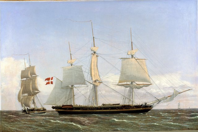 En dansk korvet, som ligger bi for at tale med en dansk orlogsbrig. Scenen er tænkt at foregå i Vestindien by Christoffer Wilhelm Eckersberg