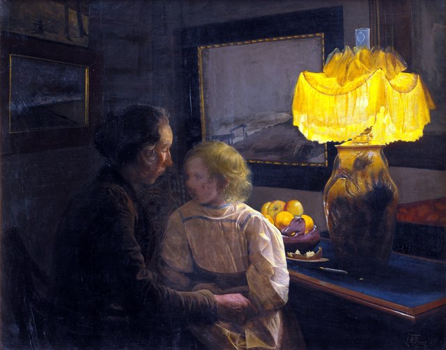 Moder fortæller. Kunstnerens hustru og datter by Laurits Andersen Ring