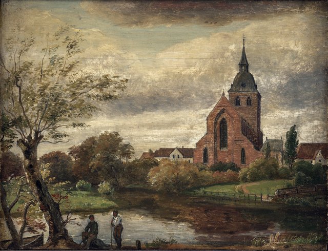 Efterårsdag ved Odense Å. Skt. Knuds Kirke set fra Blegepladsen by Dankvart Dreyer