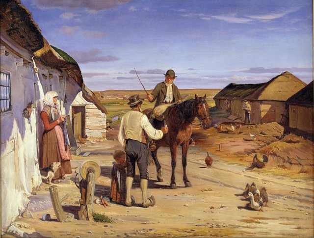 En fremmed spørger om vej i bondegården på heden by Hans Smidth
