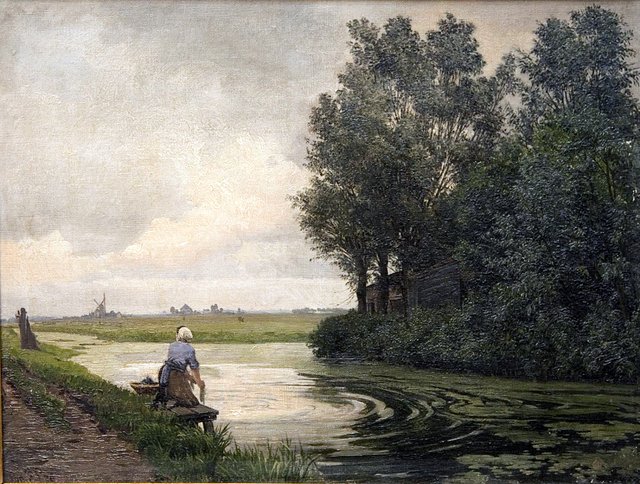 Hollandsk landskab. En pige vasker ved en kanal by Edvard Petersen