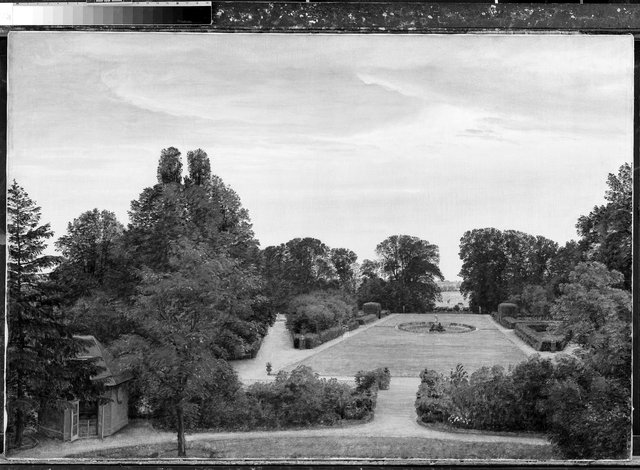 Parken ved Nysø. Til venstre Thorvaldsens atelier by P. C. Skovgaard