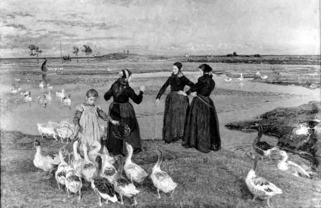 Før sol går ned. Dragør. Koner, en lille pige og gæs ved stranden by Viggo Johansen