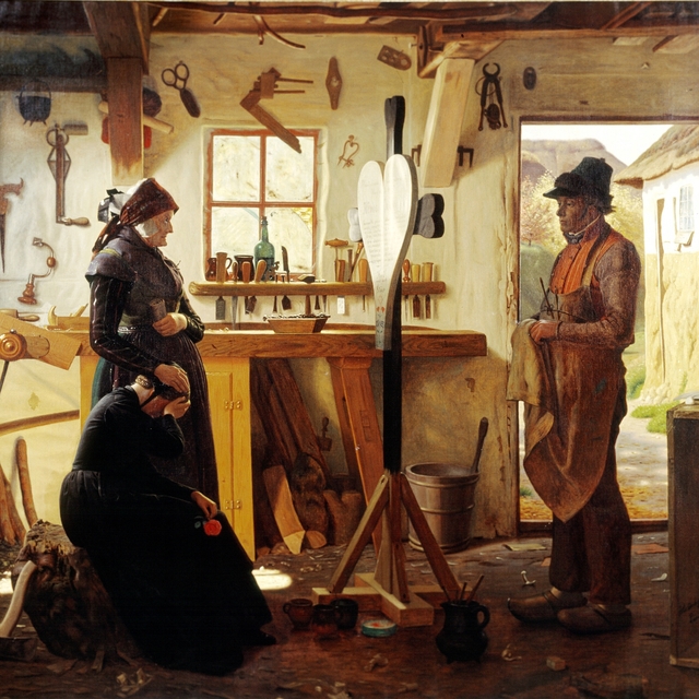 To kvinder besøger landsbykunstneren for at se det bestilte gravkors by Christen Dalsgaard