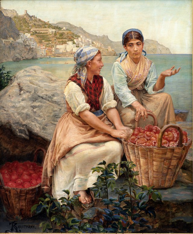 Italienske piger med tomater i kurve by Kristian Zahrtmann