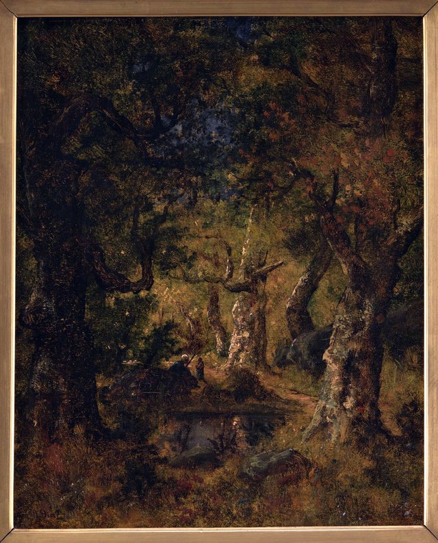 Skovinteriør med sø og figurer by Narcisse Virgilio Díaz
