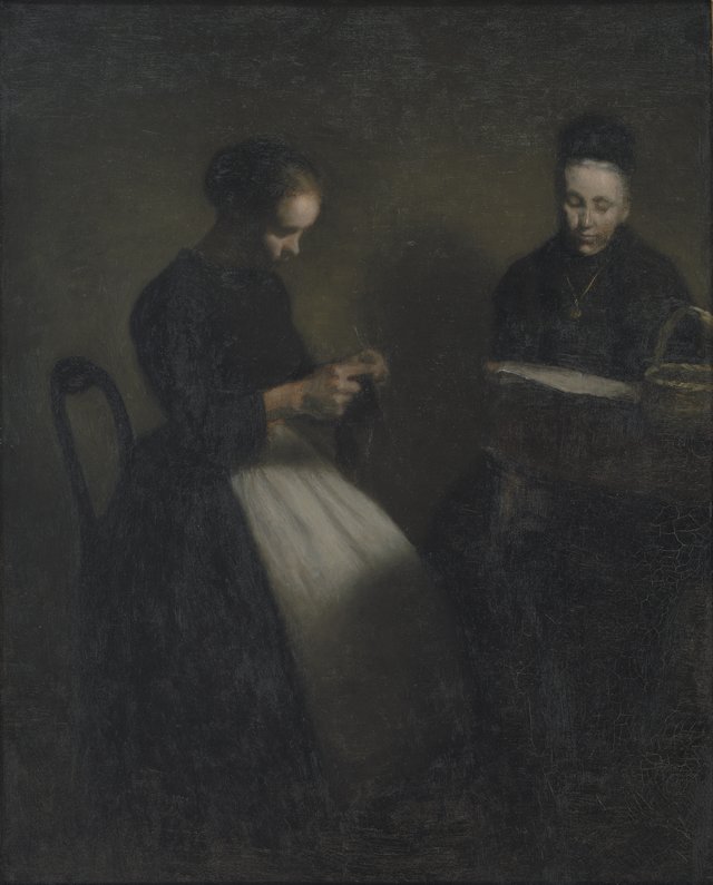 Afteninteriør. Kunstnerens moder og hustru by Vilhelm Hammershøi