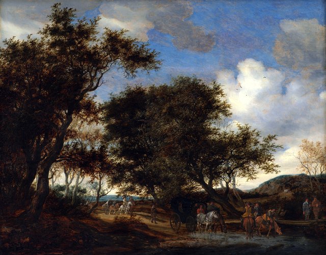 Landskab med rejsende, der vander deres heste by Salomon van Ruysdael