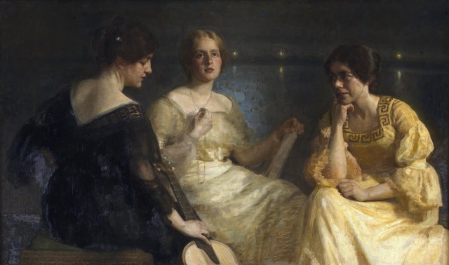 Unge kvinder. Fra venstre: Karen Bramsen; kunstnerens hustru Esther, f. Lange; Johanne Munch-Petersen. by Julius Paulsen