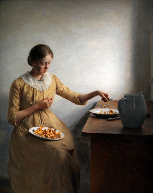 En ung pige, der renser kantareller by Peter Ilsted