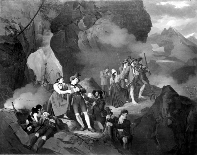 Tyrolere forsvarer sig mod franskmændene under Napoleons felttog i 1809 by Jørgen Sonne