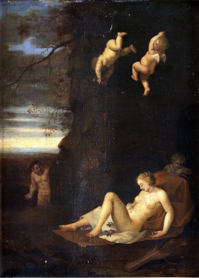 En satyr belurer en sovende nymfe. Antiope by Toussaint Gelton