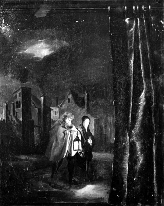 Hjemvendt familie på et torv i måneskin by Gerrit Lundens