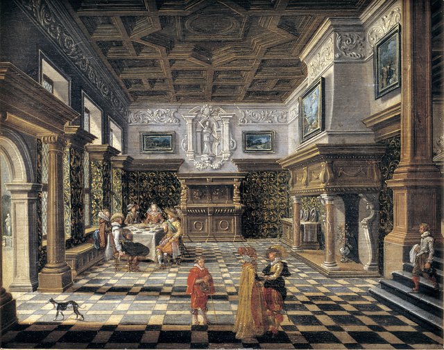 Renæssanceinteriør med et selskab ved et dækket bord by Bartholomeus van Bassen