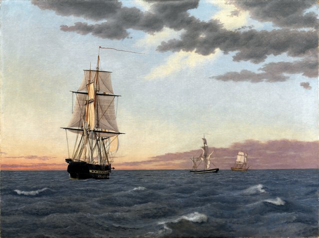 Korvetten "Galathea" ligger underdrejet for at sende hjælp til briggen "St. Jean" som er blevet påsejlet by Christoffer Wilhelm Eckersberg
