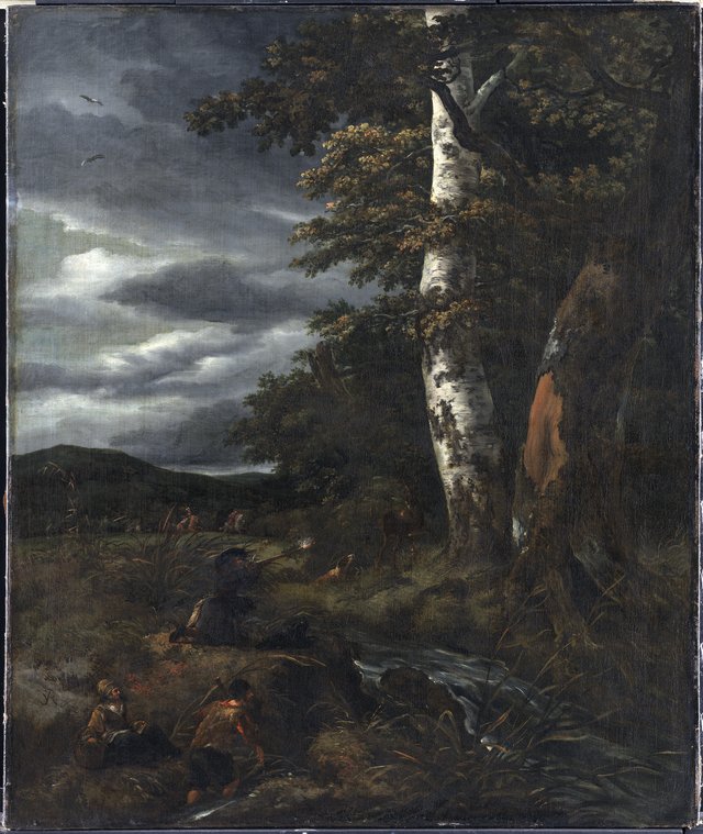 Landskab med jagtscene by Jacob van Ruisdael