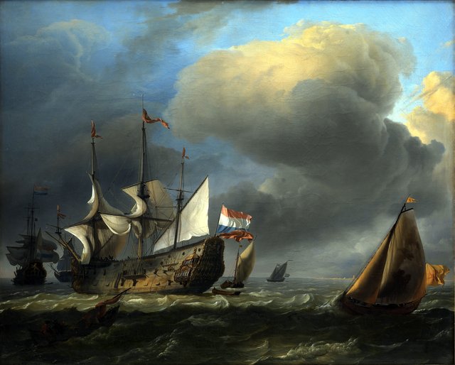 Marine med hollandske krigsskibe og fiskerbåde by Ludolf Bakhuizen