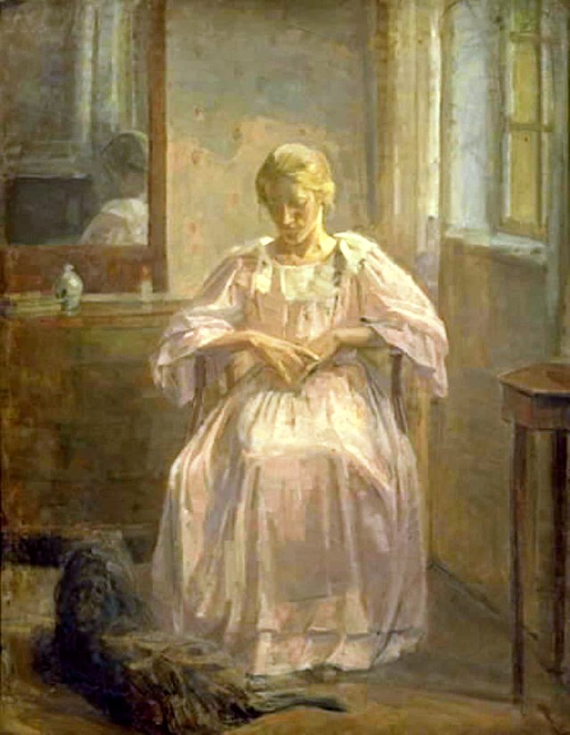 En ung pige, Sophie Lofthus, med en hund by Karl Schou