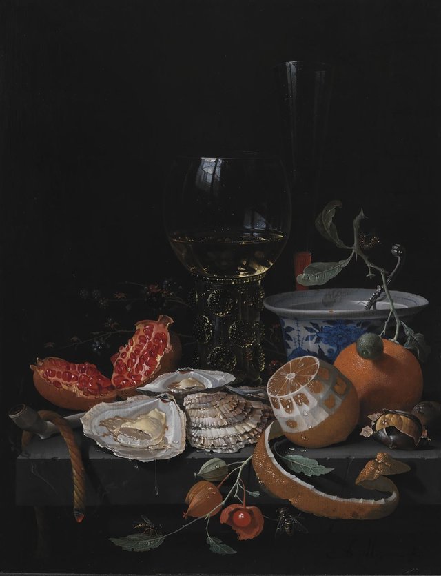 Østers, frugter og et vinglas på et stenbord by Abraham Mignon