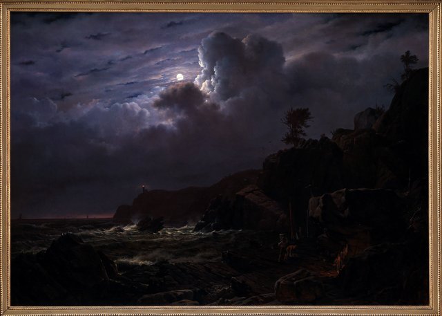 Parti af Kullen. Nogle smuglere skjuler deres varer mellem klipperne. Måneskin by Louis Gurlitt