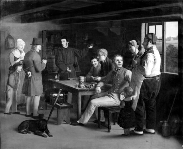 En taskenspiller som foreviser kunster i en krostue by Julius Friedlænder