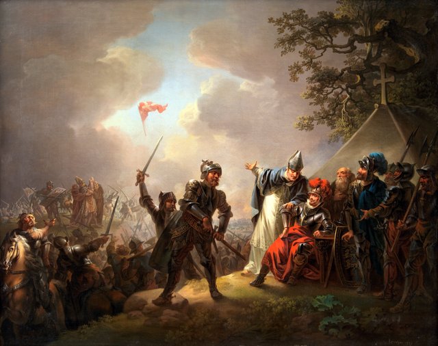 Dannebrog falder ned fra himlen under Volmerslaget ved Lyndanisse (Tallin) i Estland den 15. juni 1219 by Christian August Lorentzen