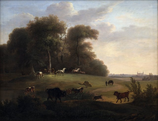 Keld Skov ved Frederiksborg med en del af det kongelige stutteri. I forgrunden schweizer- og tyrolerkvæg by Christian David Gebauer
