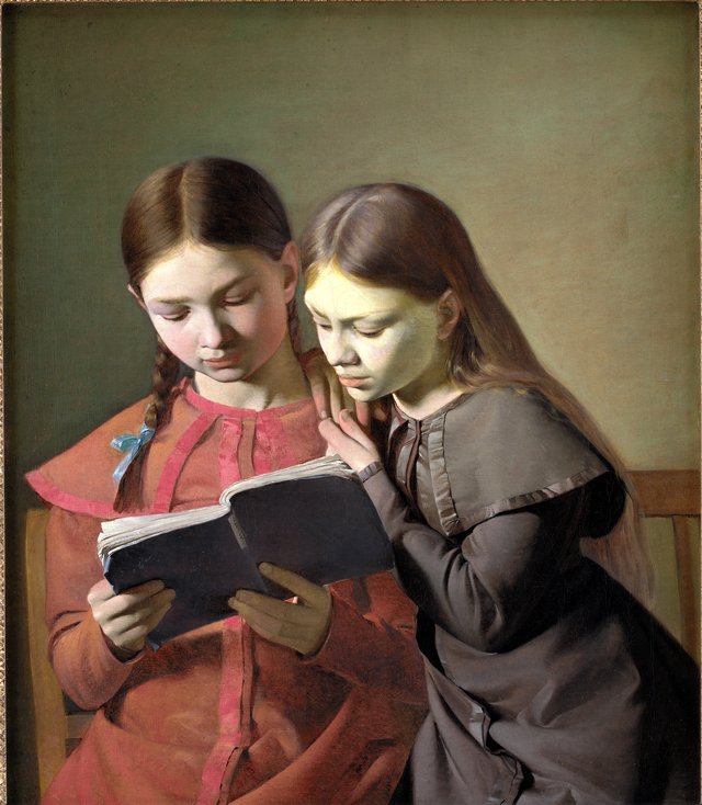 Kunstnerens søstre Signe og Henriette læsende i en bog by Constantin Hansen
