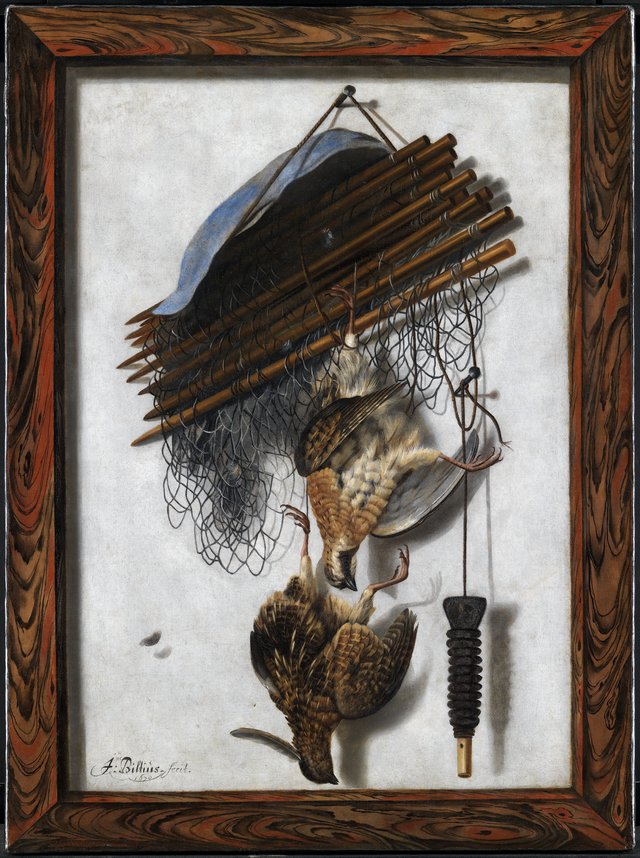 Trompe l'oeil. Indrammet billede med dødt fuglevildt og fuglenet ophængt på en mur by Jacob Biltius