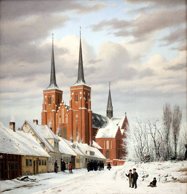 En gade i Roskilde. I baggrunden domkirken by Jørgen Roed